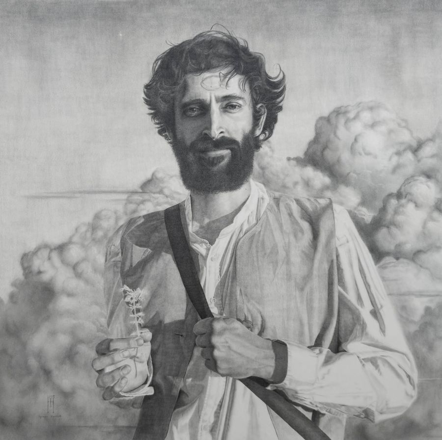 Retrato a grafito de un hombre con barba y una flor en la mano, ante nubes