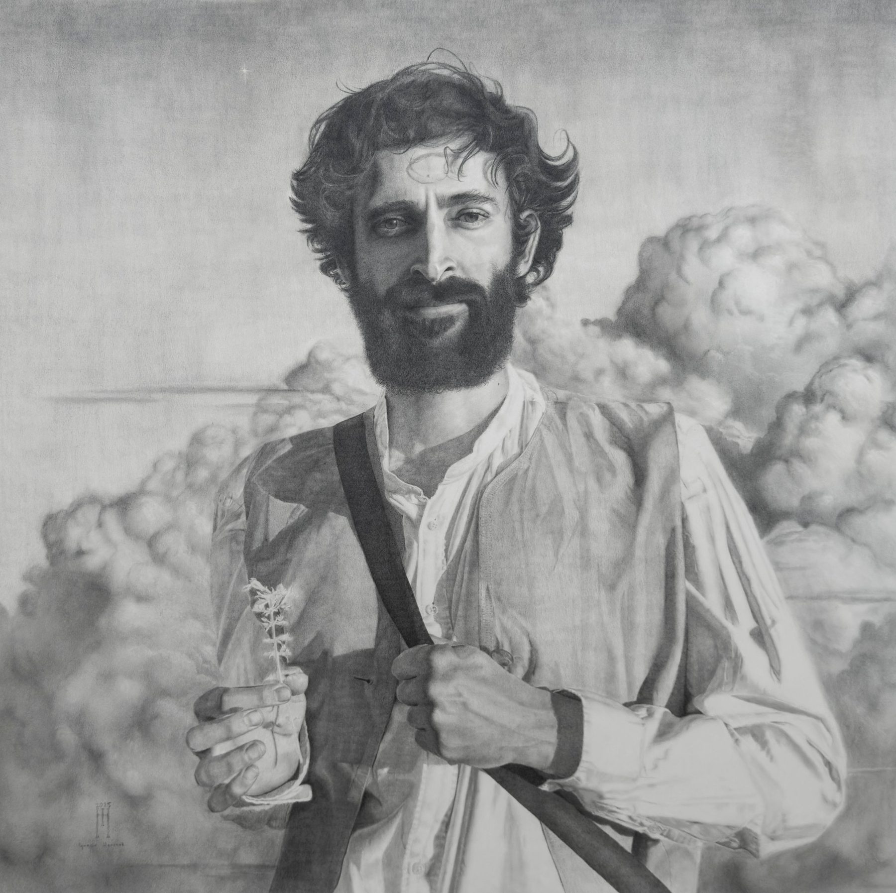 Retrato a grafito de un hombre con barba y una flor en la mano, ante nubes